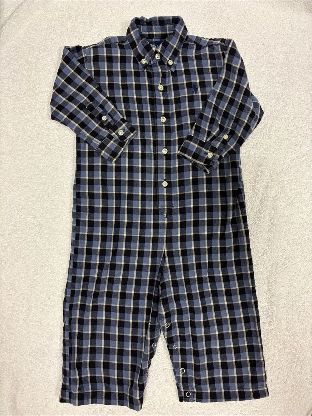 Ralph Lauren Navy Blue and White Plaid Cotton button down One-Piece 12/18m